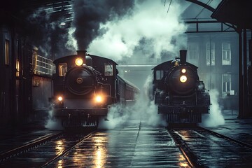 Two vintage steam locomotives releasing steam in a dimly lit train station, evoking nostalgia