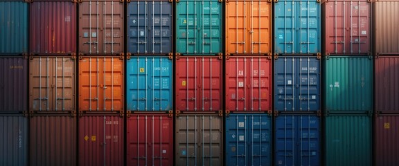 vibrant gradient-colored shipping containers stacked in a serene sea port, arranged with geometric precision and soft lighting for a modern digital art aesthetic