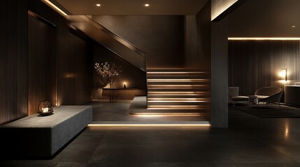 Fototapeta premium Luxurious Modern Interior Design: Elegant Staircase and Lounge Area