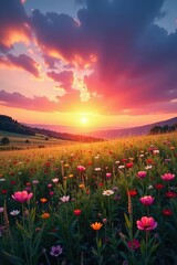 Obraz premium Sunrise paints vibrant hues across expansive meadow, delicate clouds drift , evening, sunset, farmland