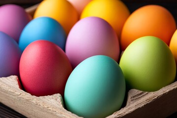Colorful easter eggs resting in cardboard container, celebrating spring festivities