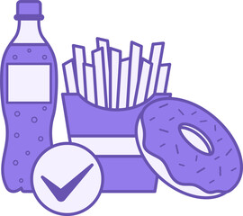 Colored Junk Food Icons. Vector Illustration. Soda, French Fries, and a Sweet Donut. Fast Food, Unhealthy Nutrition