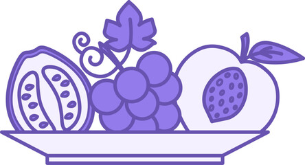 Colored Healthy Food Icons. Vector Illustration. Fruits on the Plate. Guava, Grape, and Peach. Healthy Lifestyle. Nutrition Concept