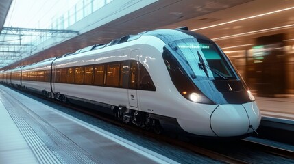 Fototapeta premium A high speed train arrives at a contemporary railway platform, demonstrating advancements in mobility and infrastructure, while passengers eagerly await their journey.