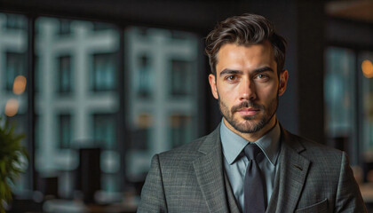 Fototapeta premium A portrait headshot photo of a friendly professional CEO executive business worker: A handsome man in a suit stares intently at the viewer with a serious expression, set against a blurred urban b