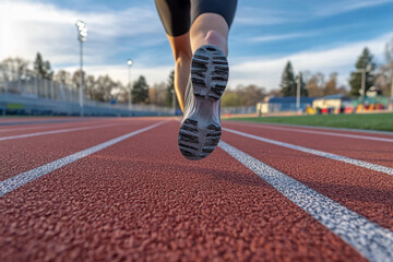 Runner sprinting on a rubber track in a sunny outdoor stadium during late afternoon practice in early spring