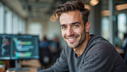 A portrait headshot photo of a friendly professional CEO executive business worker: A smiling young man with dark hair and a beard sits at a desk in a modern office, looking confidently at the ca