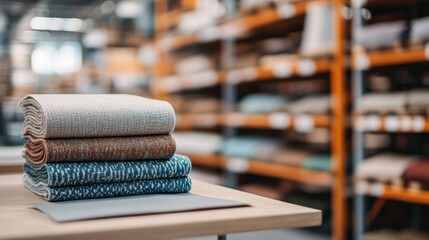 Fabric Swatches on Table, Blurred Warehouse Shelves in Background