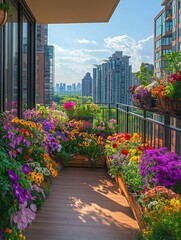 Balcony garden overflowing with colorful flowers and plants, set against a backdrop of glass buildings