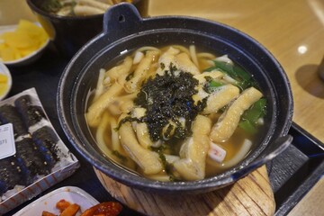 Hot Korean Fish Cake Udon Soup with Seaweed Garnish
