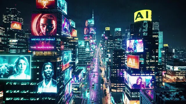 Futuristic metropolis illuminating night sky with vibrant neon signs promoting artificial intelligence and displaying portraits of diverse individuals on large digital billboards