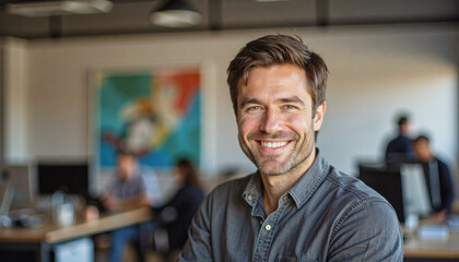 Fototapeta premium A portrait headshot photo of a friendly professional CEO executive business worker: A smiling man with short brown hair and stubble confidently looks at the camera in a brightly lit, modern offic