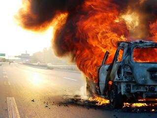 Carrosserie de voiture accident&eacute;e qui br&ucirc;le sur la route avec de la fum&eacute;e provenant d'un incendie