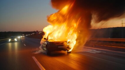 Carrosserie de voiture accident&eacute;e qui br&ucirc;le sur la route avec de la fum&eacute;e provenant d'un incendie