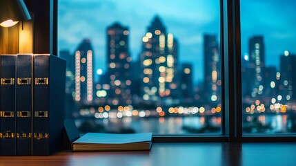 Legal Files Under Lamp Light with Blurred City Skyline at Night