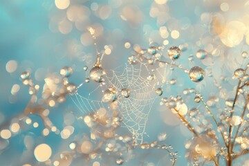 Delicate spiderweb draped with shimmering dew drops, captured in a soft, dreamy, and ethereal light against a bokeh background.