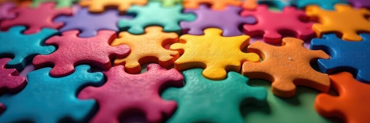 Close-up shot of multicolored puzzle parts fitting together, forming a vibrant pattern , design, abstract pattern