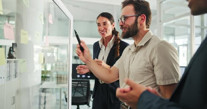 Business, people and high five by glass wall at office of celebration, notes and goals with problem solving. Men, woman and applause with achievement, teamwork success and solution at finance company