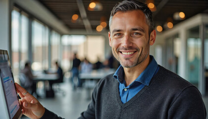 A portrait headshot photo of a friendly professional CEO executive business worker: A smiling, middle-aged man with graying hair confidently interacts with a digital tablet in a modern office set