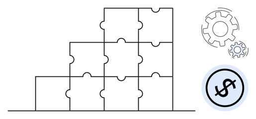 Stacked puzzle pieces forming a pyramid next to rotating gear icons and a dollar sign. Ideal for teamwork, business planning, strategy, growth, collaboration, operations, finance. Flat simple