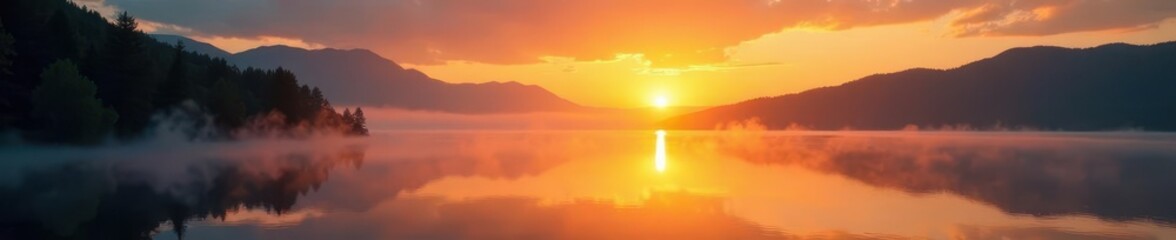 Golden sunrise paints lake with vibrant hues, mist rising , travel, outdoor, scenic