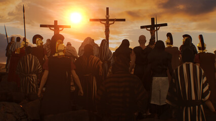Golgotha crucifixion of Jesus Christ, large crowd watching the crucifixion 3D render