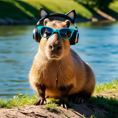 Capybara with sunglasses and headphones, created with Generative AI