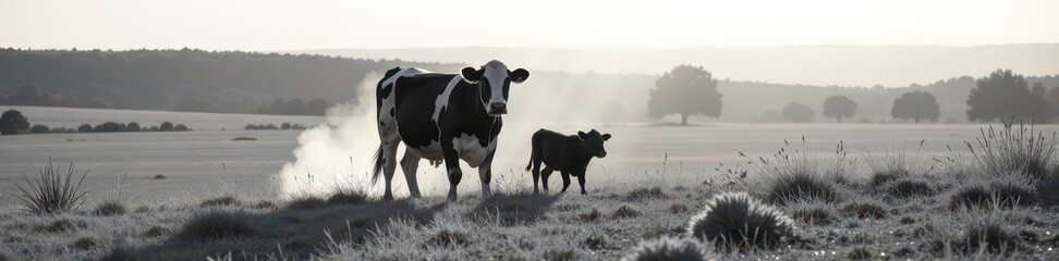 Fototapeta premium Black and white Hereford cow & calf departing, sunlit Texas field , field, farm animals, texas