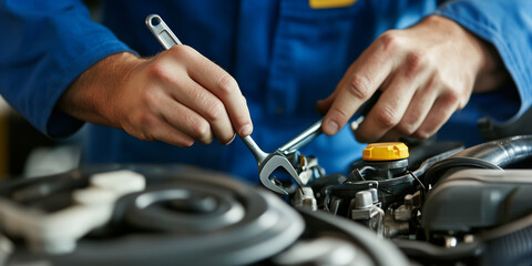 
Car mechanic working on a car engine, repair and service concept banner with blank space for text. Stock photo contest winner, car garage background with a man's hand holding a wrench to check the mo