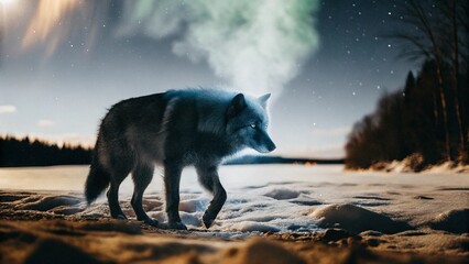 A mythical ice wolf with glowing blue fur and icy breath, walking through a frozen tundra under the northern lights