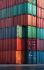 Fototapeta premium vibrant gradient-colored shipping containers stacked in a serene sea port, arranged with geometric precision and soft lighting for a modern digital art aesthetic
