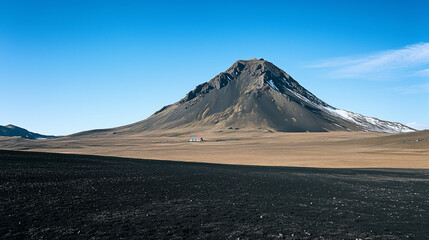 Fototapeta premium Lonely mountain with some snow at its base and a small house on top under a clear blue sky.