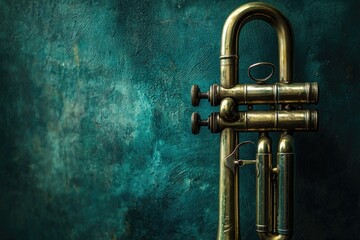 Fototapeta premium Close-up of a brass trumpet with a textured teal background, highlighting the instrument's intricate details.