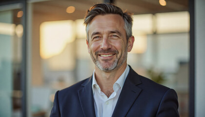 Fototapeta premium A portrait headshot photo of a friendly professional CEO executive business worker: A smiling, middle-aged man with graying hair and a beard confidently poses in a dark suit and open-collared whi