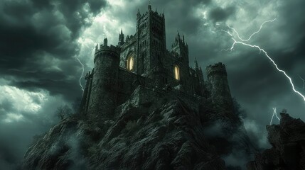 Dark Castle on a Stormy Mountaintop