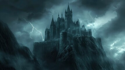 Naklejka premium Dark Castle on a Mountaintop with Lightning Storm