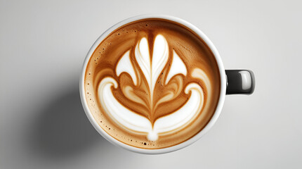 A cappuccino with intricate latte art in a white cup, set against a clean background. Perfect for coffee lovers, caf&eacute; culture, and morning inspiration themes.	