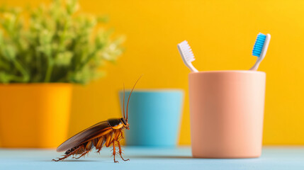 cockroach interacts with toothbrush in colorful setting, evoking curiosity and surprise