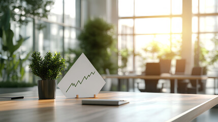 Fototapeta premium Polygonal financial chart with rising line in stylish papercut design on modern office desk with glass walls in blurred background 
