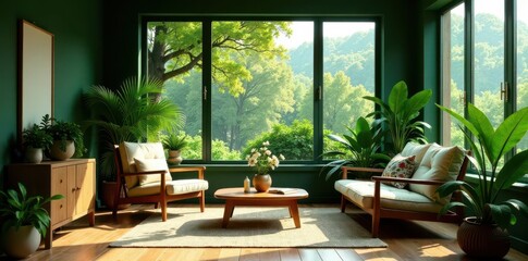Fototapeta premium Tranquil green room, wooden furniture, abundant plants, potted plants, foliage