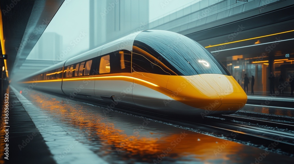 Poster a futuristic high speed train stands ready to depart from a sleek urban railway station. raindrops c
