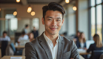 A portrait headshot photo of a friendly professional CEO executive business worker: A smiling Asian man in a suit confidently poses in a modern office setting with blurred coworkers in the backgr