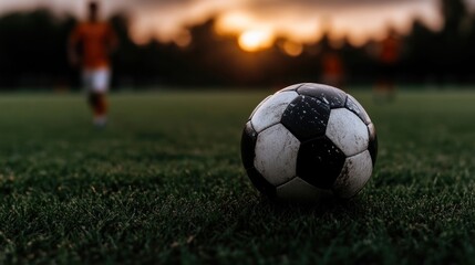 Obraz premium Soccer ball on a field at sunset
