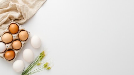 A cozy arrangement featuring a carton of eggs, some white eggs, and fresh flowers on a light background, evoking a warm kitchen atmosphere.