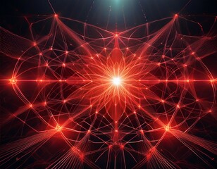 Fototapeta premium a complex network of red glowing lines and nodes with a central area emitting a more intense light on a dark tech inspired background