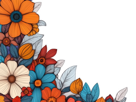 Floral Illustration Corner Design with Vibrant Leaves and Blooms on White Background