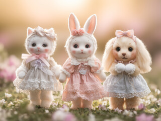 Adorable trio of plush animals in delicate dresses amidst blossom field
