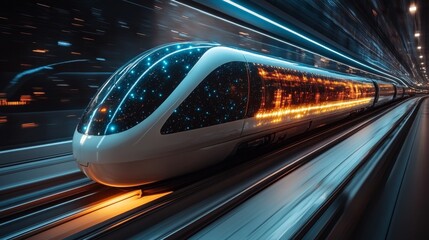 Fototapeta premium A highspeed train moves swiftly along a modern railway, illuminated with vibrant lights that reflect innovative technology in transportation and infrastructure development.