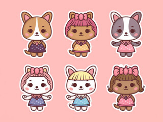 Obraz premium Cute drawn animals in adorable outfits on pink background