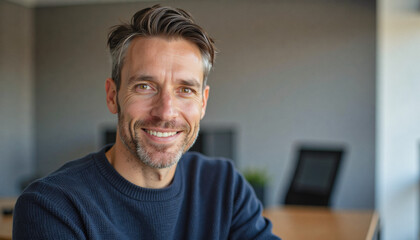 Obraz premium A portrait headshot photo of a friendly professional CEO executive business worker: A smiling man with graying hair and a neatly trimmed beard looks directly at the camera, radiating confidence a